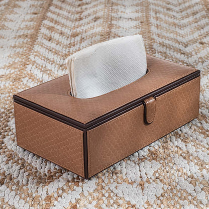 Tan Brown Croco Textured Vegan Leather Tissue Box Cover 14x24x8 cm
