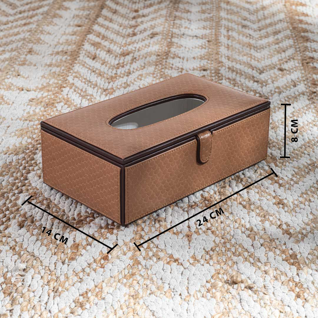 Tan Brown Croco Textured Vegan Leather Tissue Box Cover 14x24x8 cm
