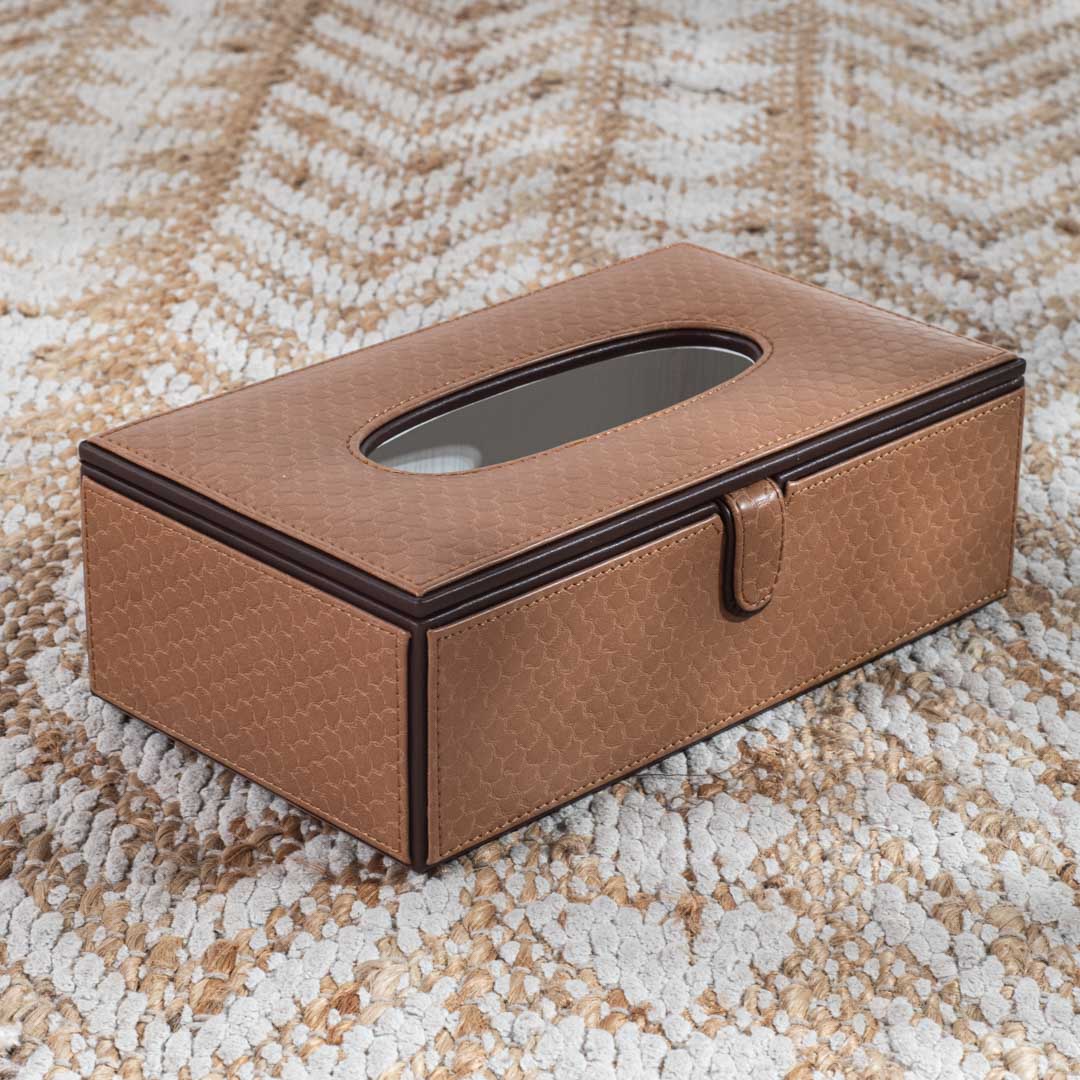 Tan Brown Croco Textured Vegan Leather Tissue Box Cover 14x24x8 cm