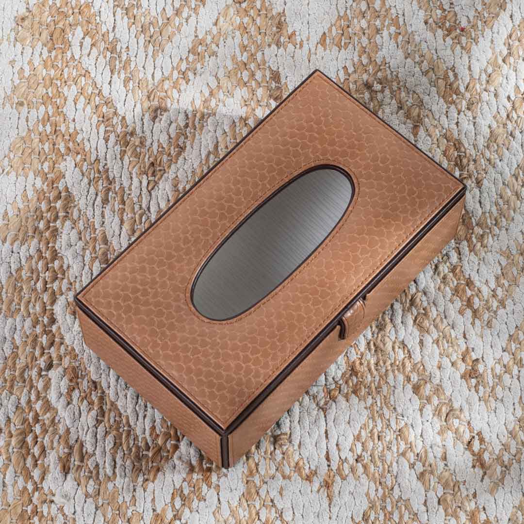 Tan Brown Croco Textured Vegan Leather Tissue Box Cover 14x24x8 cm