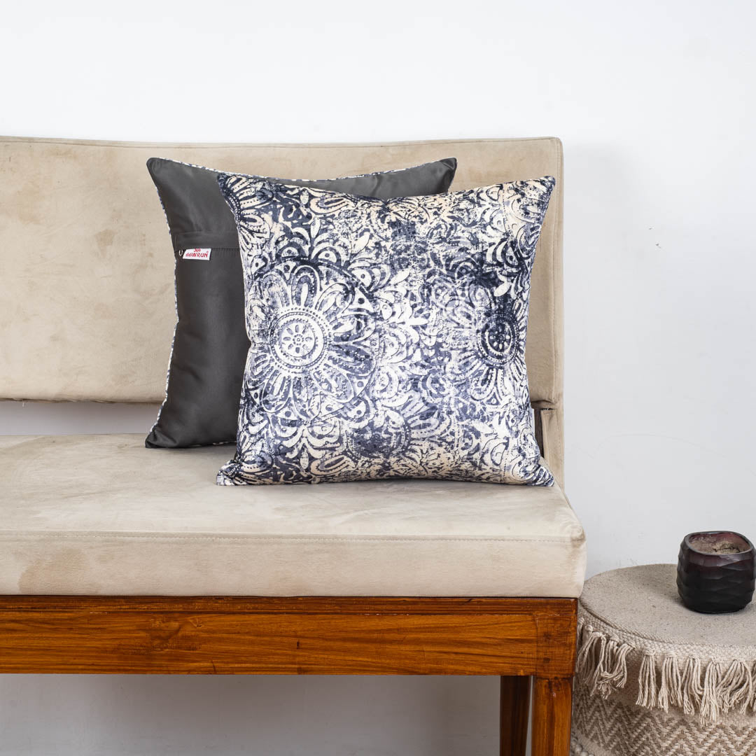 Indigo Medallion Glossy Velvet &amp; Satin Cushion Cover – 16x16 Inch-DGN-6