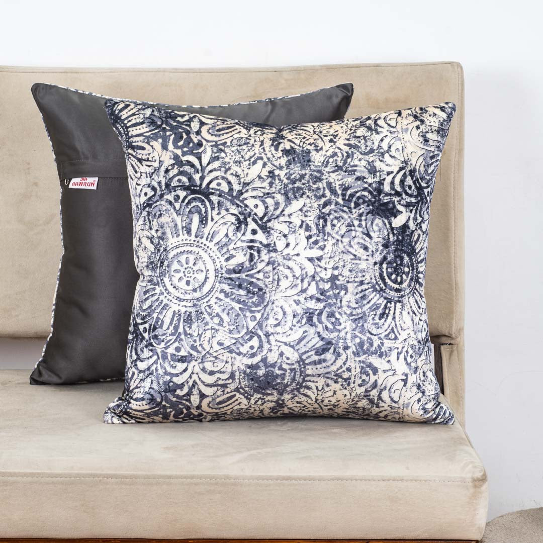 Indigo Medallion Glossy Velvet &amp; Satin Cushion Cover – 16x16 Inch-DGN-6