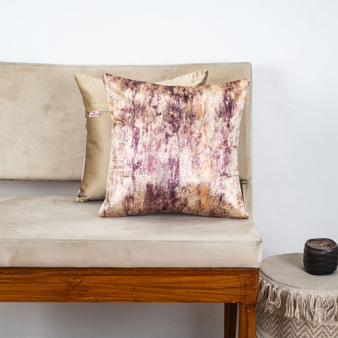 Plum &amp; Gold Abstract Glossy Velvet &amp; Satin Cushion Cover – 16x16 Inch-DGN-9