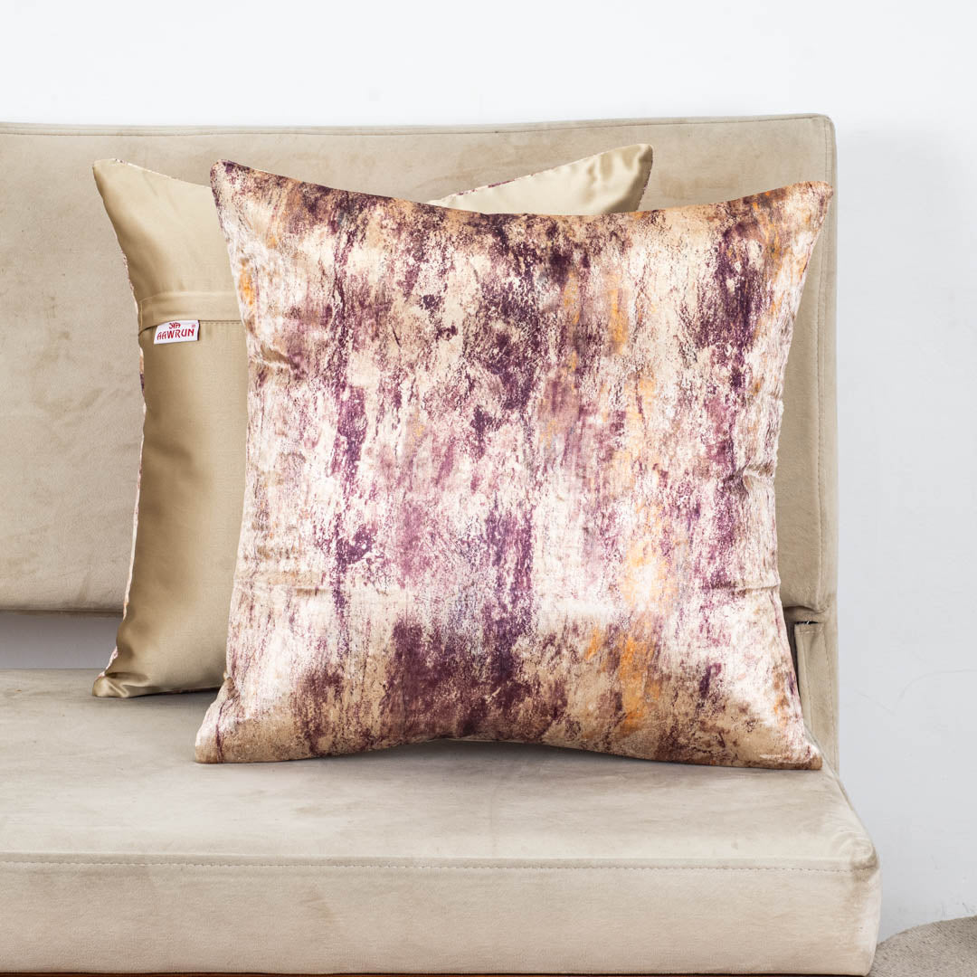 Plum &amp; Gold Abstract Glossy Velvet &amp; Satin Cushion Cover – 16x16 Inch-DGN-9