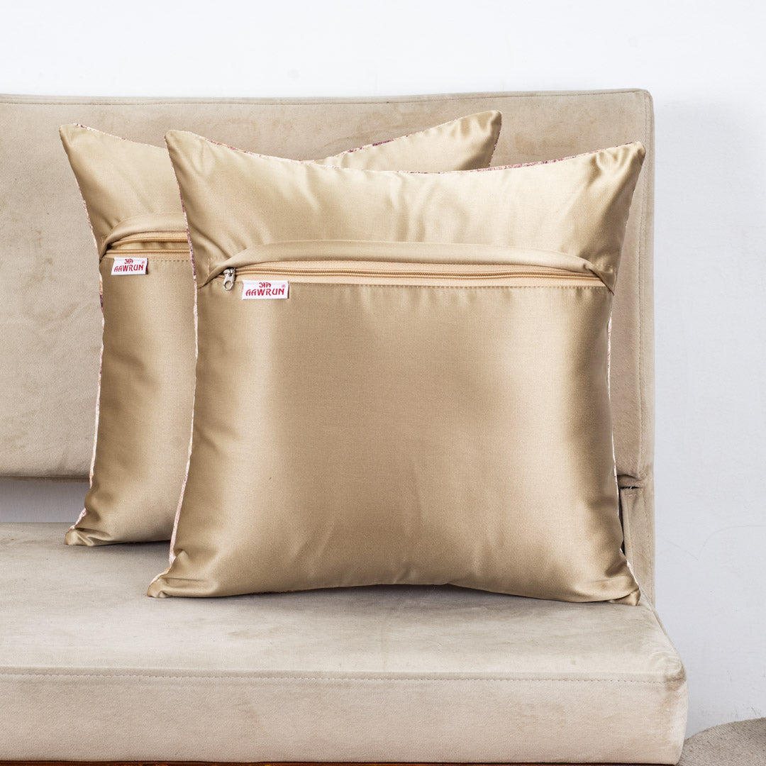 Plum &amp; Gold Abstract Glossy Velvet &amp; Satin Cushion Cover – 16x16 Inch-DGN-9