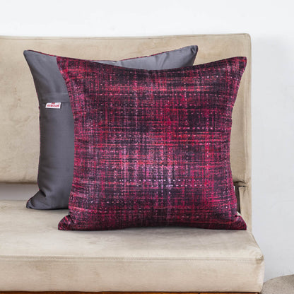 Crimson Noir Textured Glossy Velvet &amp; Satin Cushion Cover – 16x16 Inch-DGN-11
