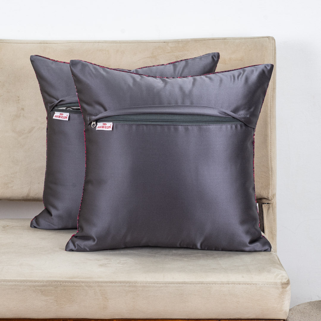 Crimson Noir Textured Glossy Velvet &amp; Satin Cushion Cover – 16x16 Inch-DGN-11