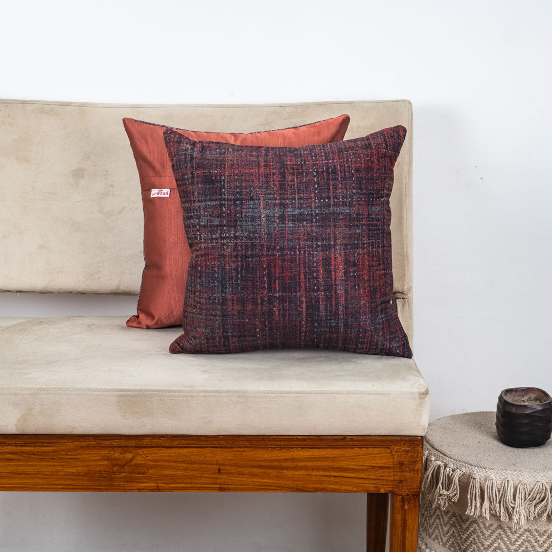 Rust Ember Textured Glossy Velvet &amp; Satin Cushion Cover – 16x16 Inch-DGN-12