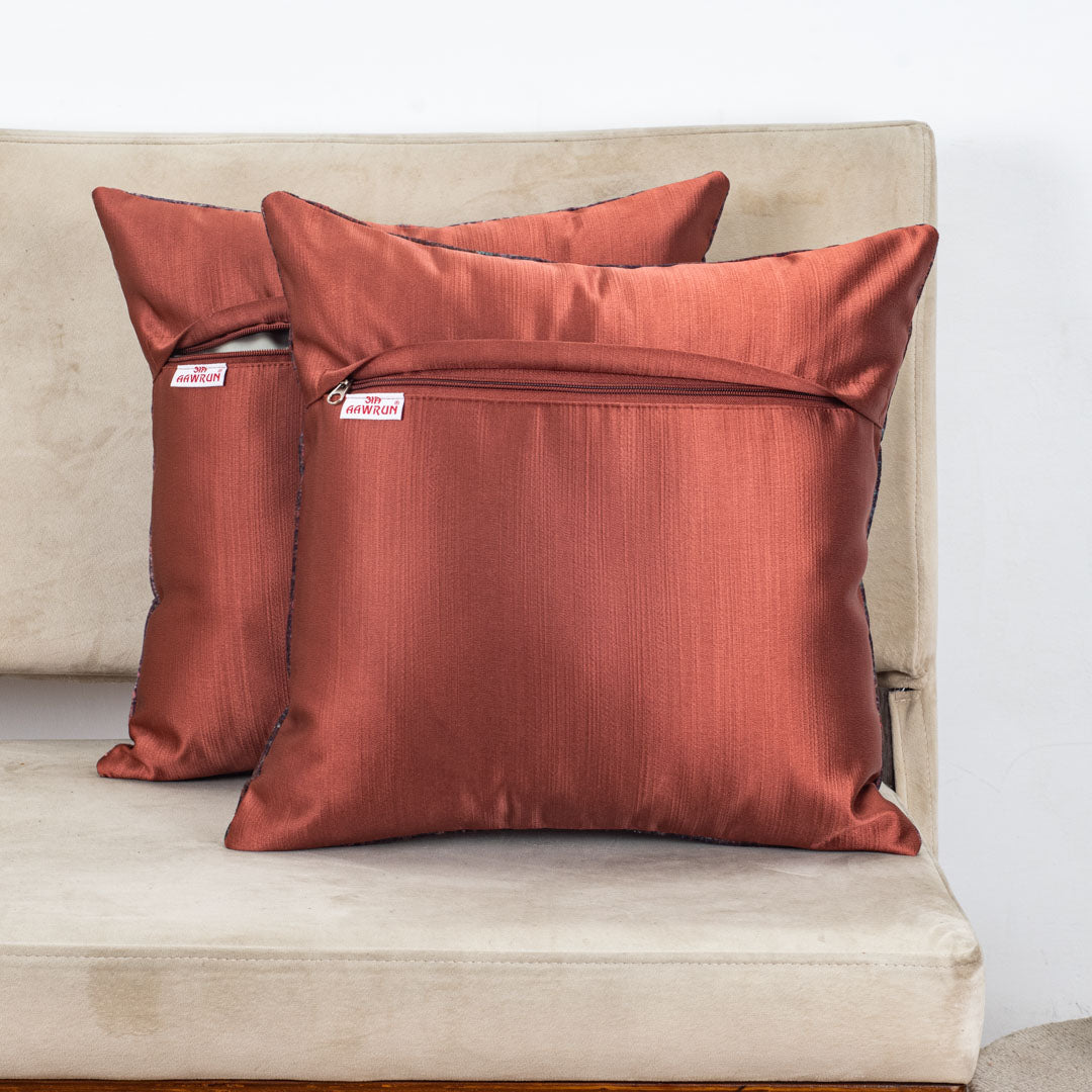 Rust Ember Textured Glossy Velvet &amp; Satin Cushion Cover – 16x16 Inch-DGN-12
