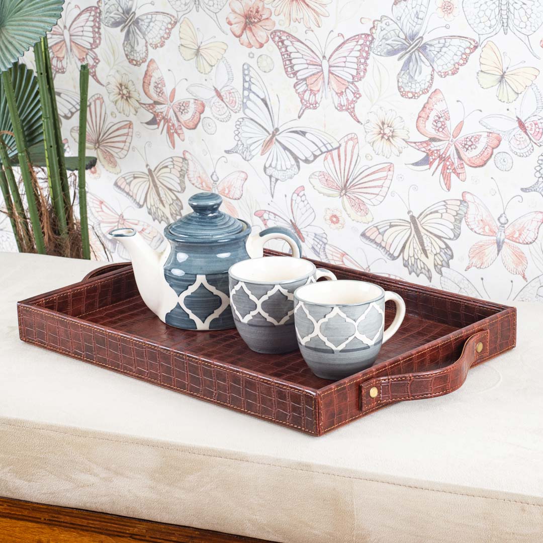 Croco Textured Vegan Leather Serving Tray 36x25x4 cm