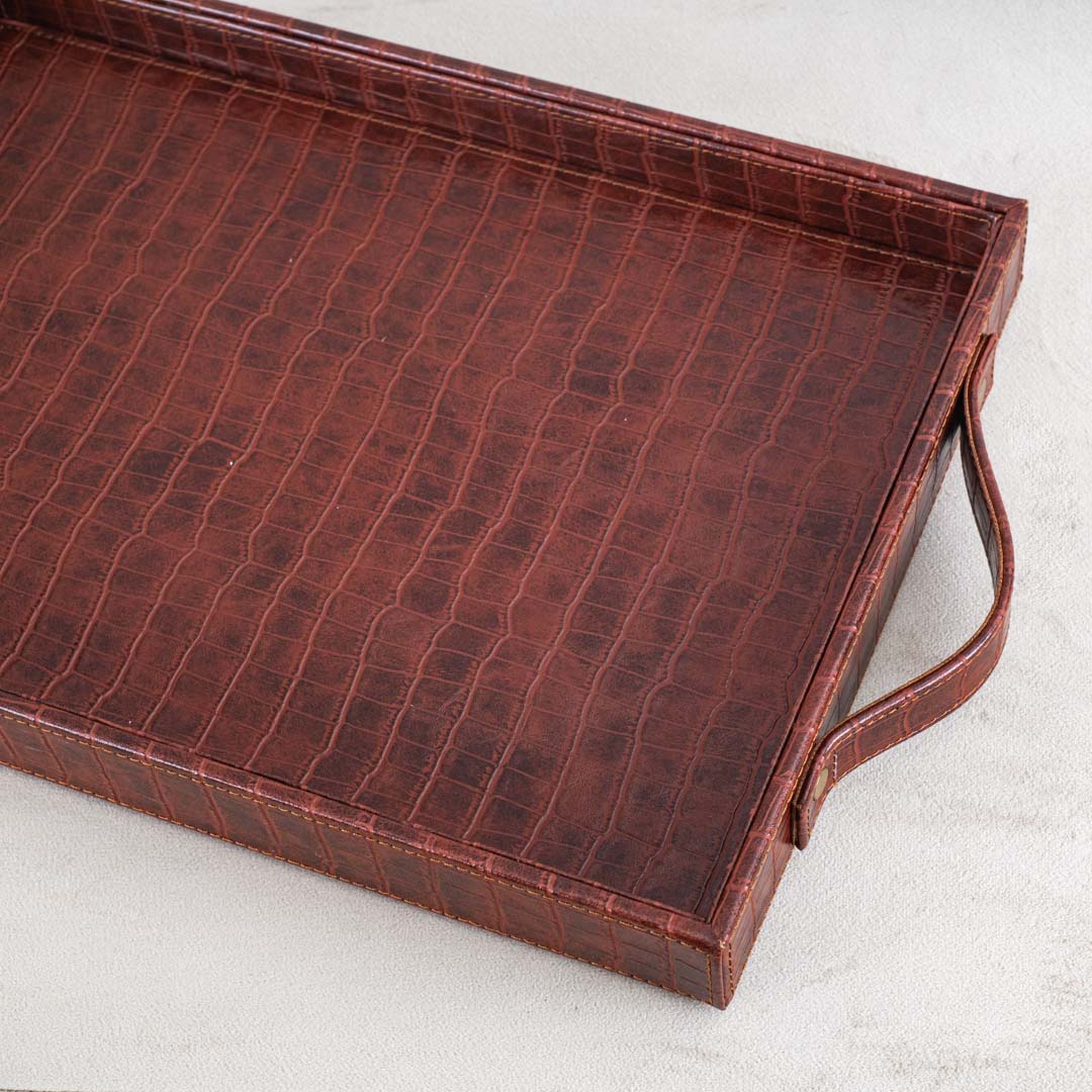 Croco Textured Vegan Leather Serving Tray 36x25x4 cm
