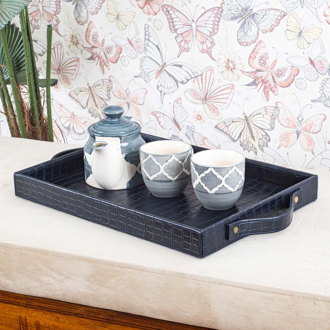 Croco Textured Vegan Leather Serving Tray 36x25x4 cm