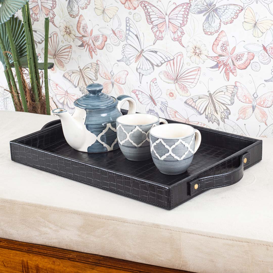 Croco Textured Vegan Leather Serving Tray 36x25x4 cm