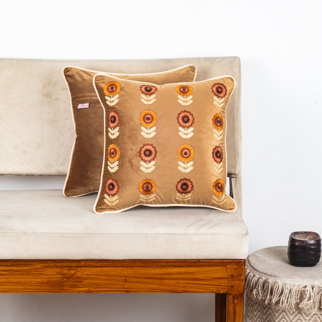 Floral Embroidered Velvet Cushion Cover 16x16 Inch