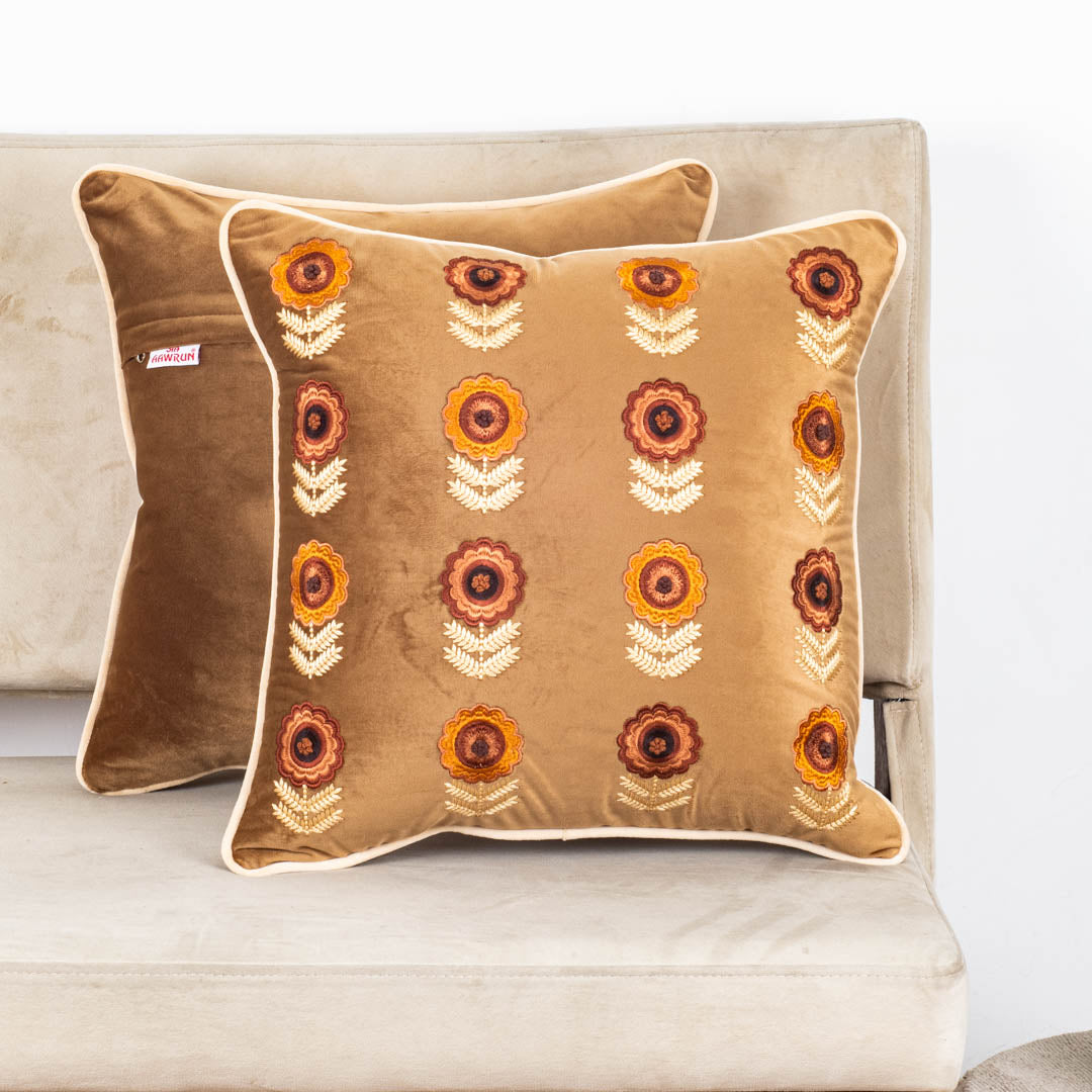 Floral Embroidered Velvet Cushion Cover 16x16 Inch