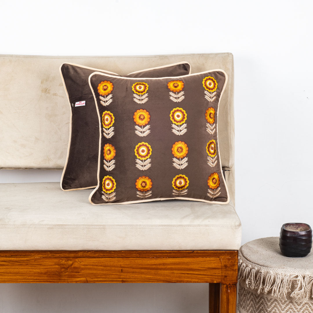Floral Embroidered Velvet Cushion Cover 16x16 Inch
