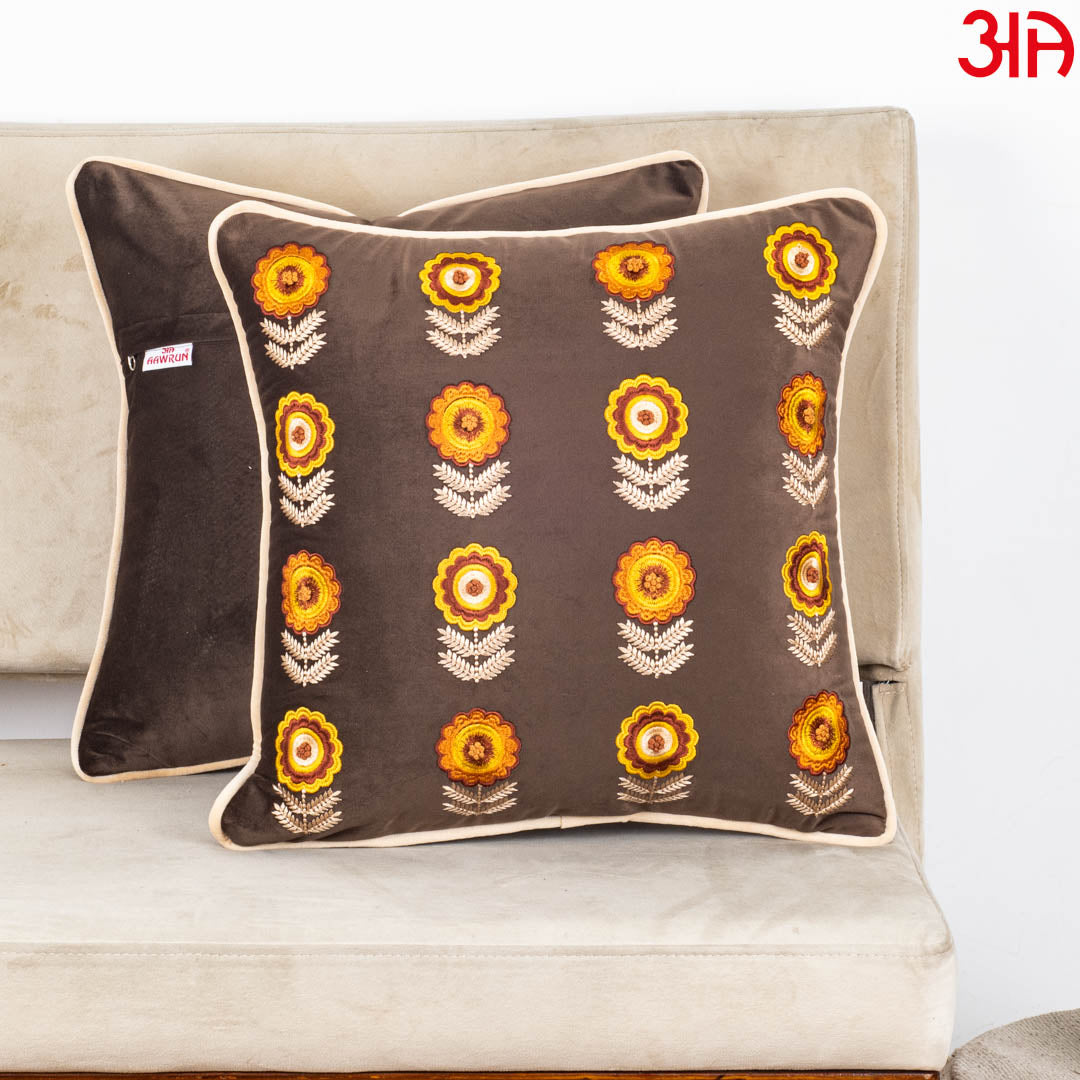 Floral Embroidered Velvet Cushion Cover 16x16 Inch