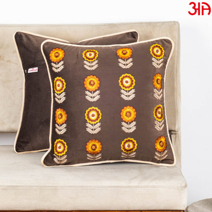 Floral Embroidered Velvet Cushion Cover 16x16 Inch