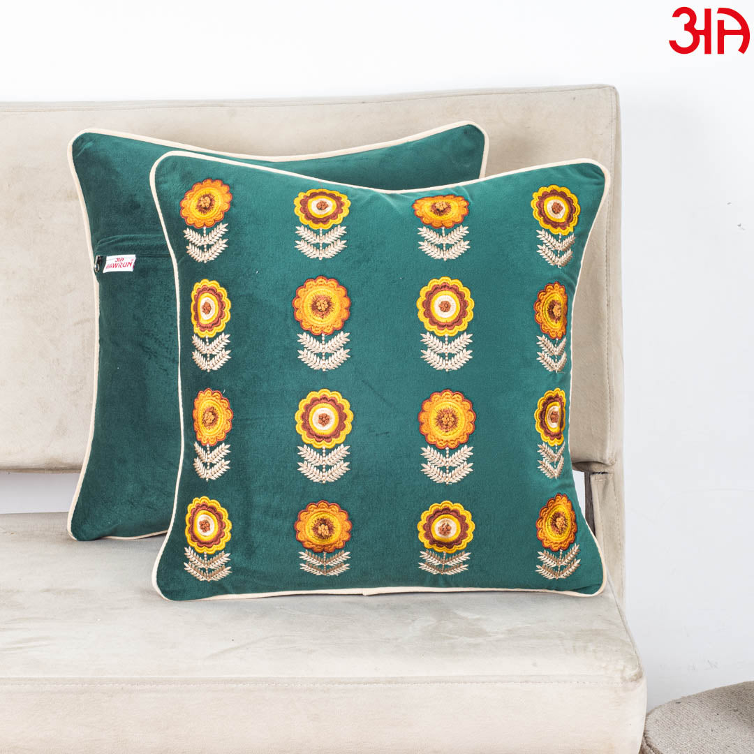 Floral Embroidered Velvet Cushion Cover 16x16 Inch