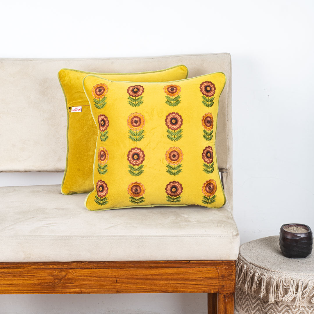 Floral Embroidered Velvet Cushion Cover 16x16 Inch