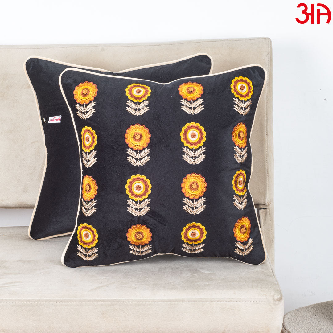 Floral Embroidered Velvet Cushion Cover 16x16 Inch