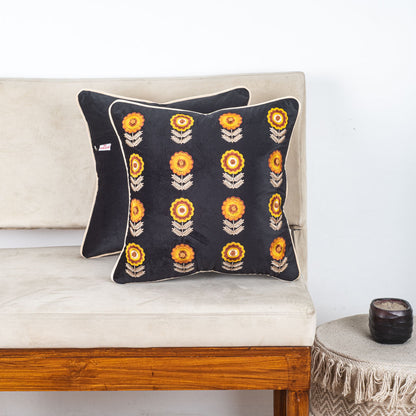 Floral Embroidered Velvet Cushion Cover 16x16 Inch