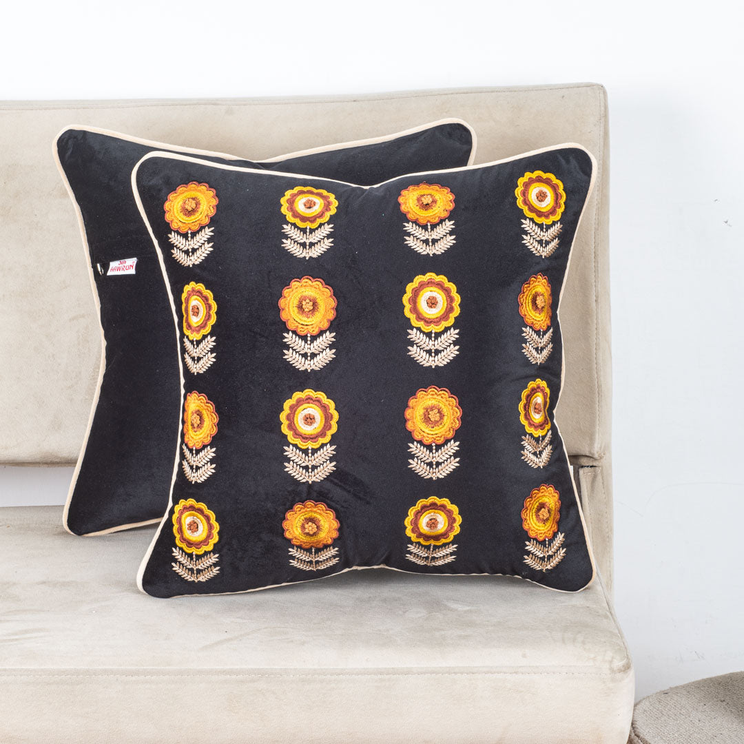 Floral Embroidered Velvet Cushion Cover 16x16 Inch