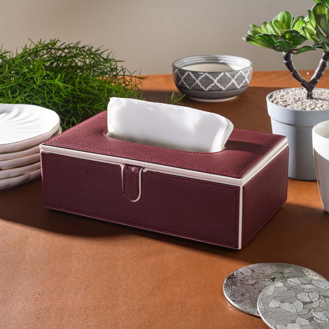 Maroon Vegan Leather Tissue Box Holder – 24 × 14 × 8 cm