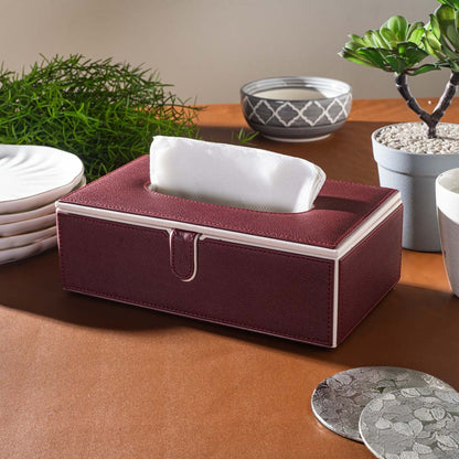 Maroon Vegan Leather Tissue Box Holder – 24 × 14 × 8 cm