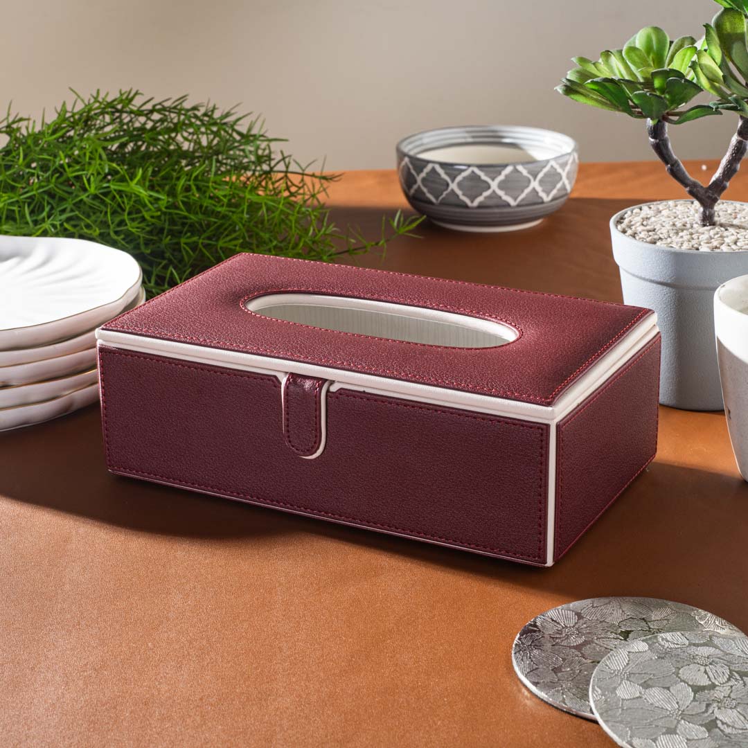 Maroon Vegan Leather Tissue Box Holder – 24 × 14 × 8 cm