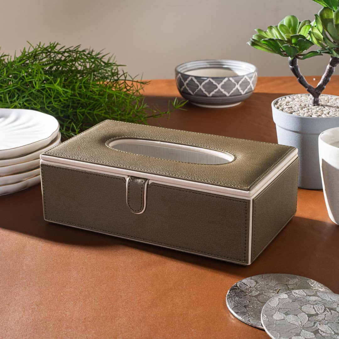 Olive Vegan Leather Tissue Box Holder – 24 × 14 × 8 cm