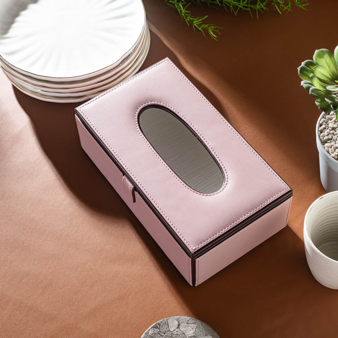 Light Pink Vegan Leather Tissue Box Holder – 24 × 14 × 8 cm