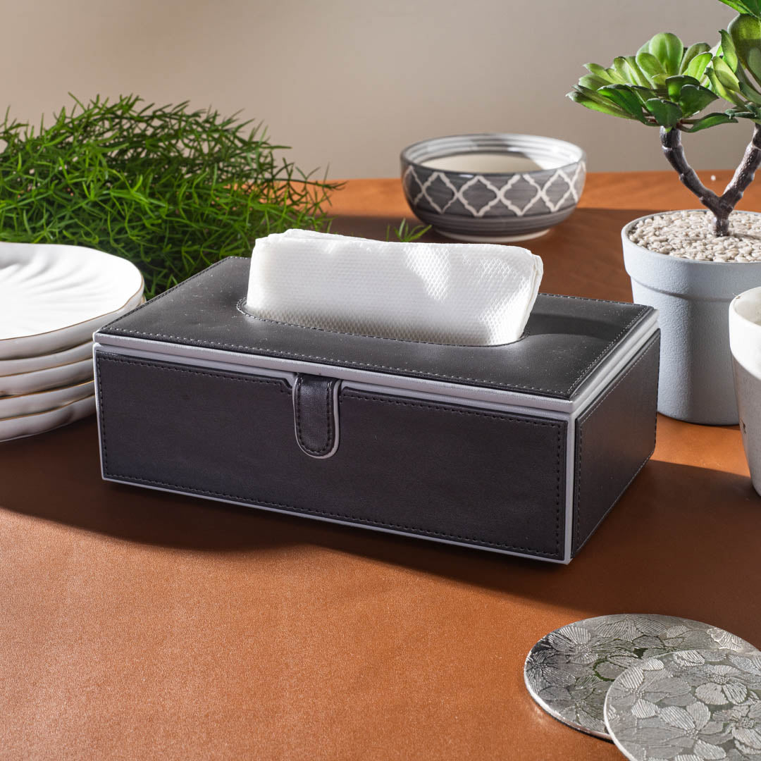 Black Vegan Leather Tissue Box Holder – 24 × 14 × 8 cm