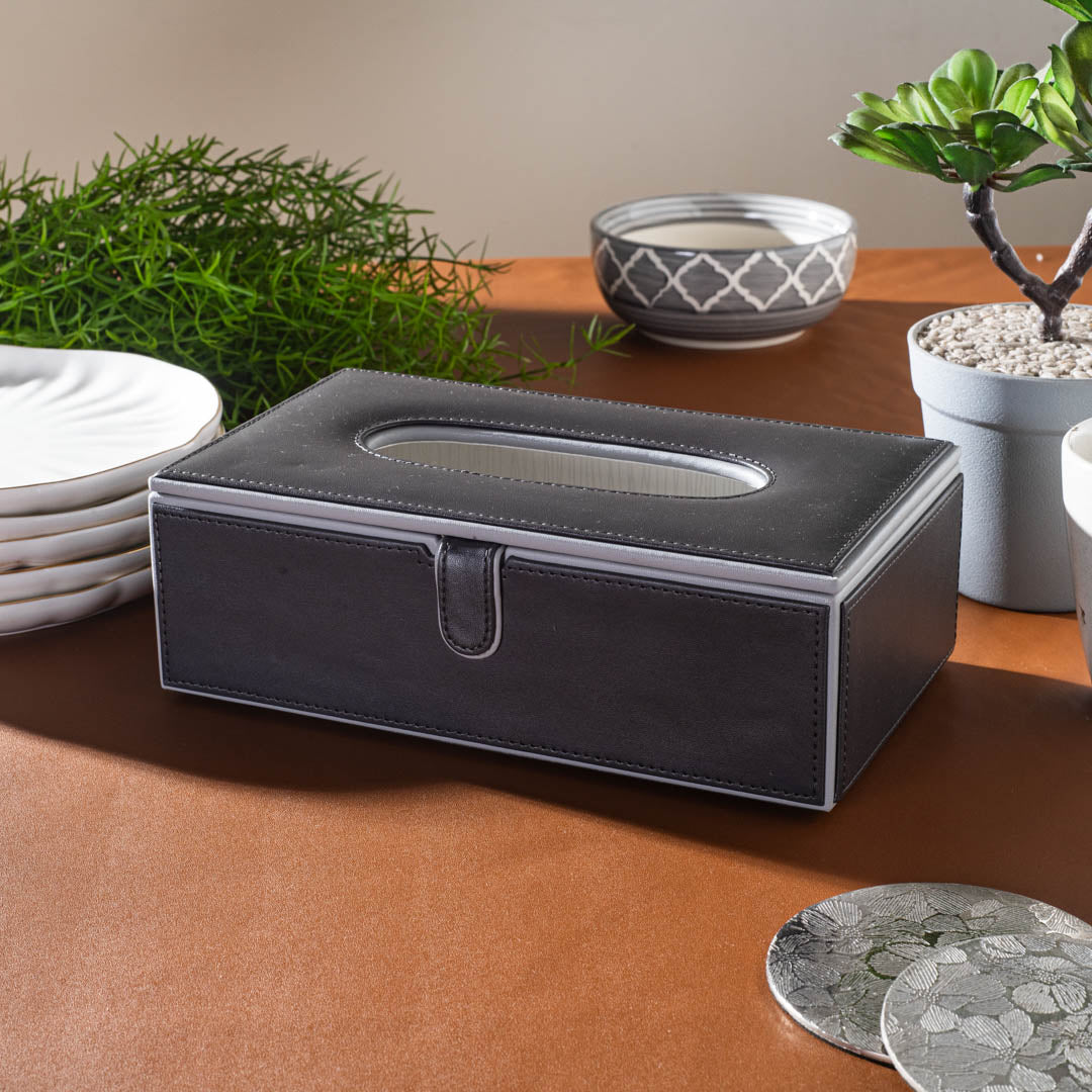 Black Vegan Leather Tissue Box Holder – 24 × 14 × 8 cm