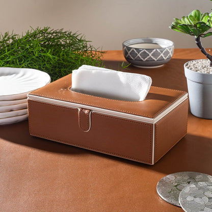 Tan Vegan Leather Tissue Box Holder – 24 × 14 × 8 cm