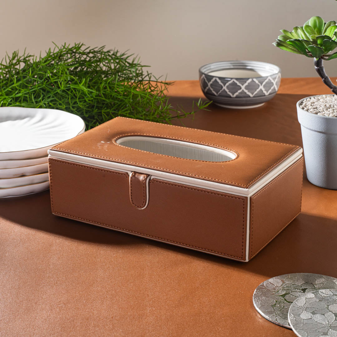 Tan Vegan Leather Tissue Box Holder – 24 × 14 × 8 cm