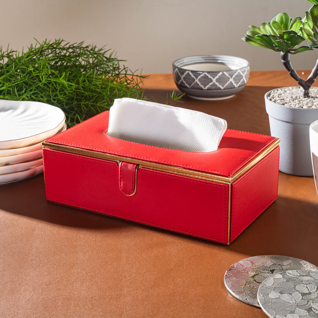 Red Gold Vegan Leather Tissue Box Holder – 24 × 14 × 8 cm