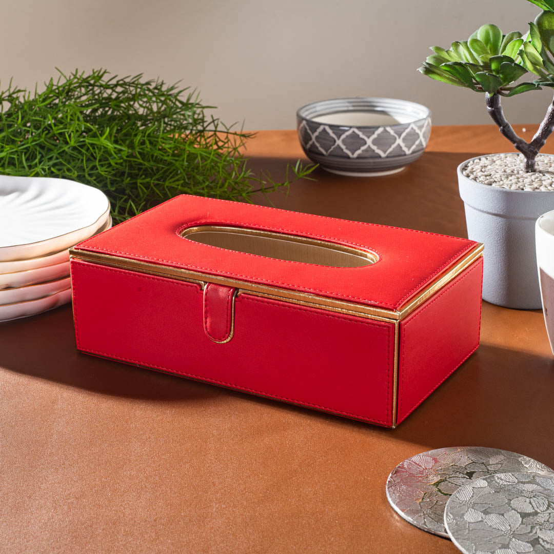 Red Gold Vegan Leather Tissue Box Holder – 24 × 14 × 8 cm