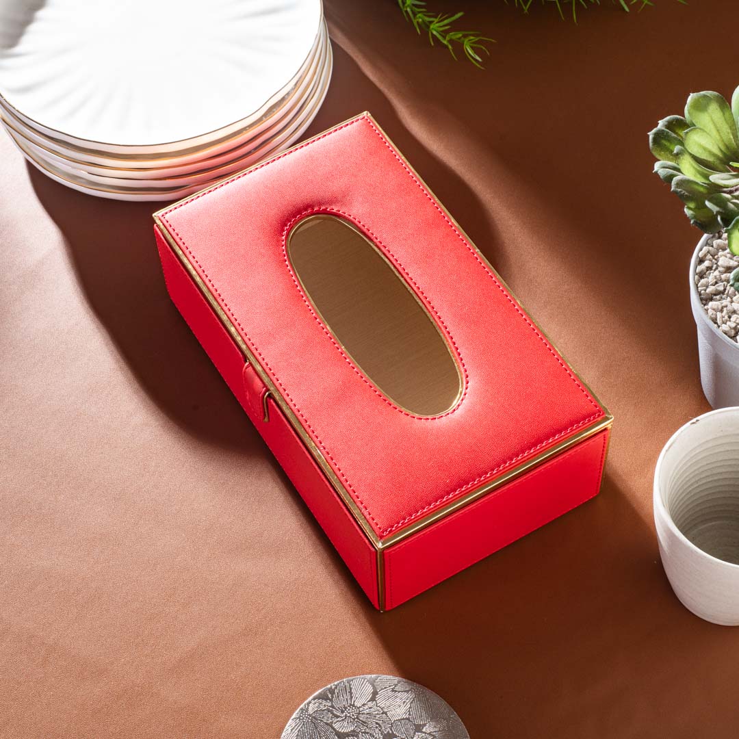 Red Gold Vegan Leather Tissue Box Holder – 24 × 14 × 8 cm