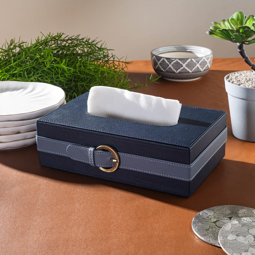 Grey-Navy Buckle Design Leather Tissue Box (24x14x8)CM