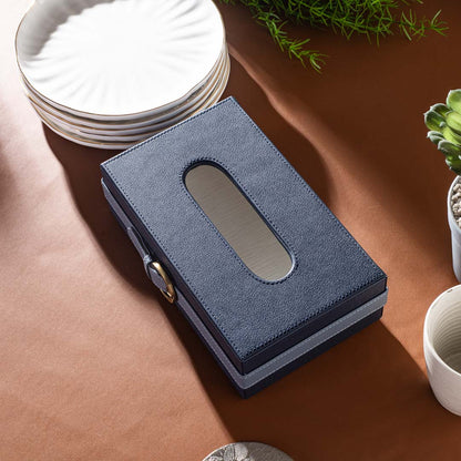 Grey-Navy Buckle Design Leather Tissue Box (24x14x8)CM
