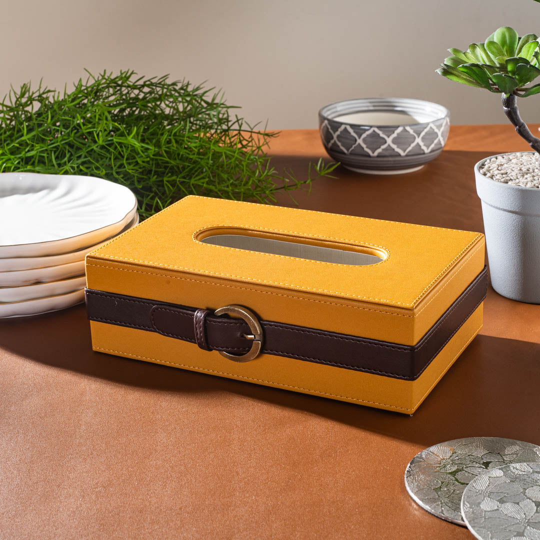 Yellow-Brown Buckle Design Leather Tissue Box (24x14x8)CM