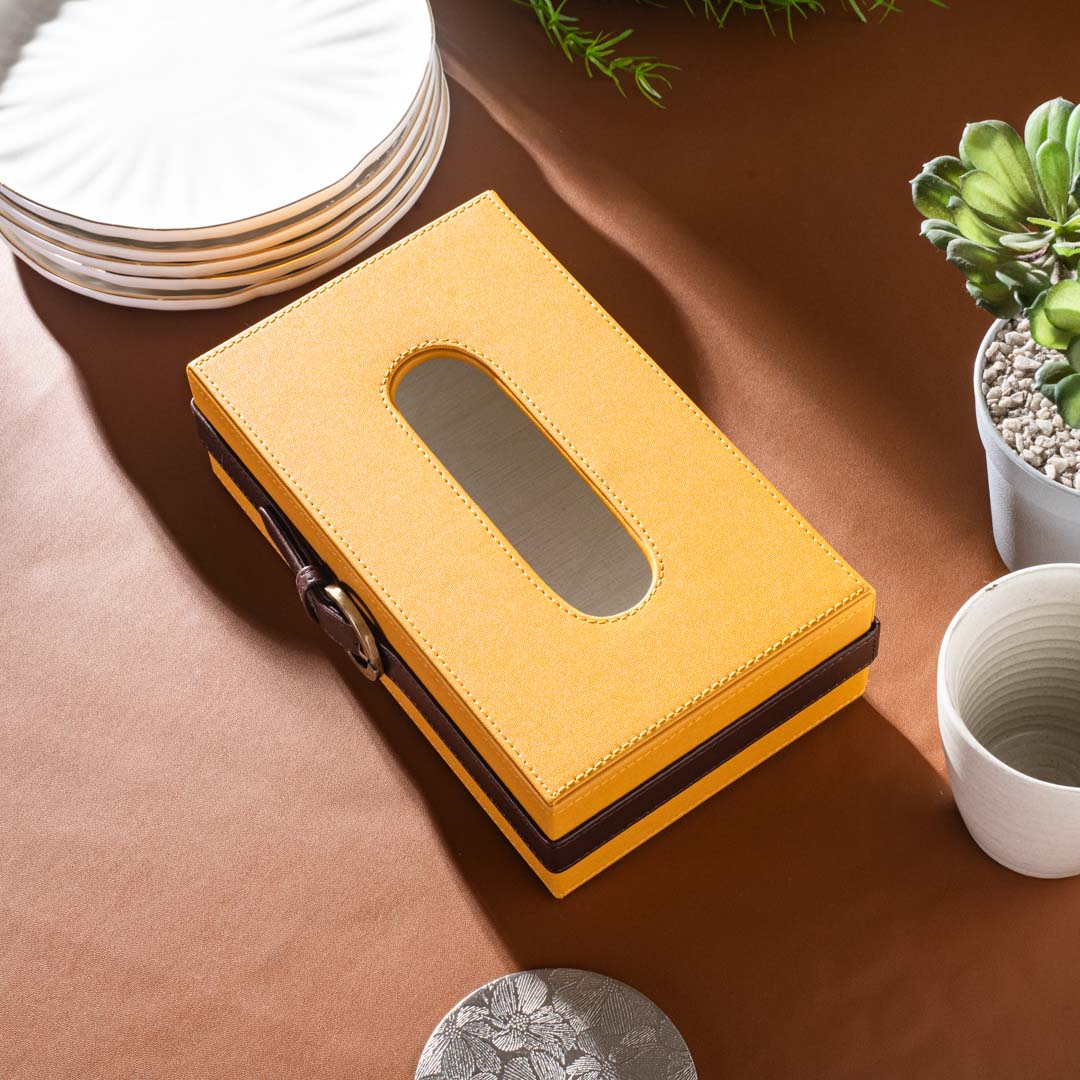 Yellow-Brown Buckle Design Leather Tissue Box (24x14x8)CM