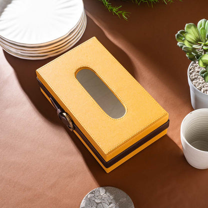 Yellow-Brown Buckle Design Leather Tissue Box (24x14x8)CM