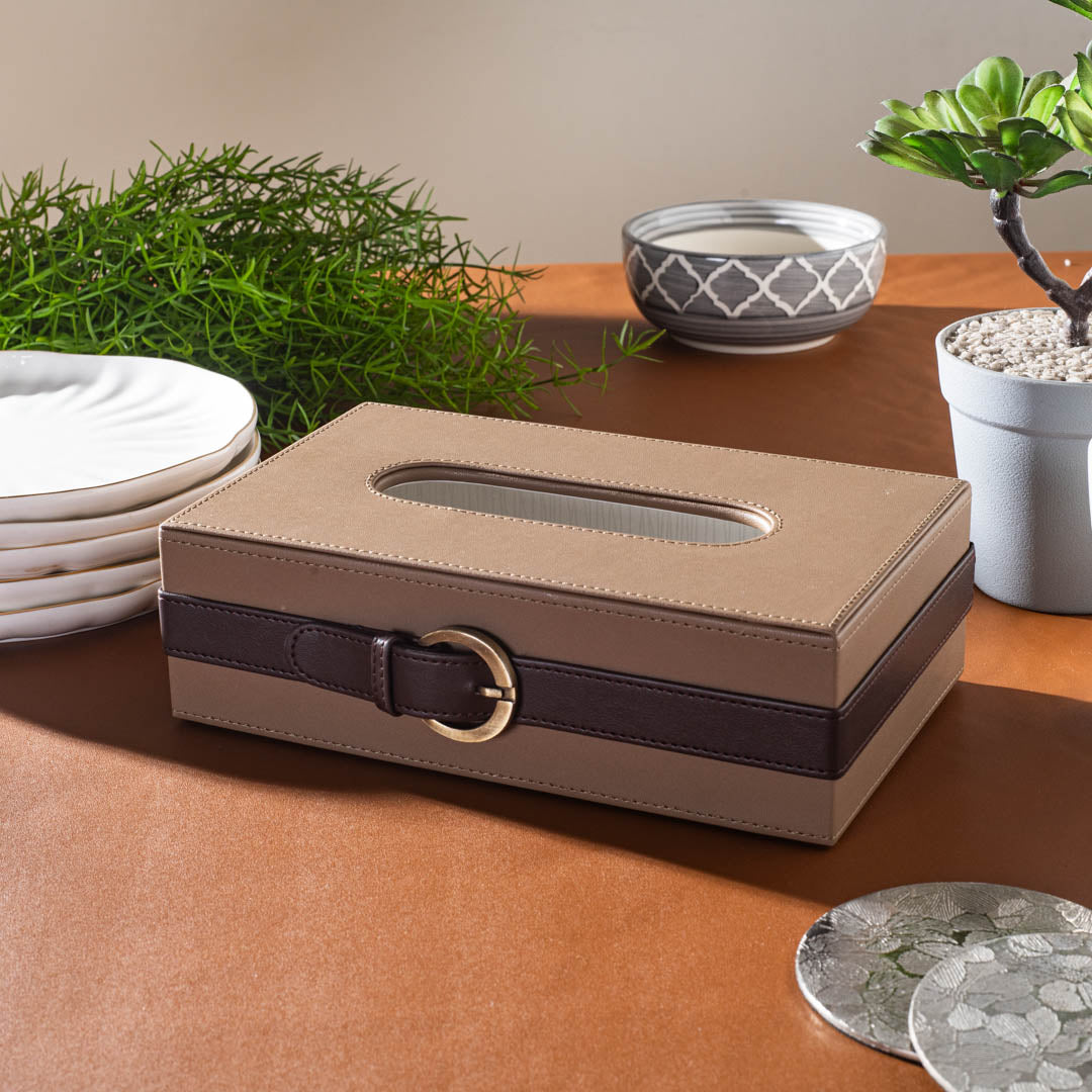 Brown Buckle Design Leather Tissue Box (24x14x8)CM