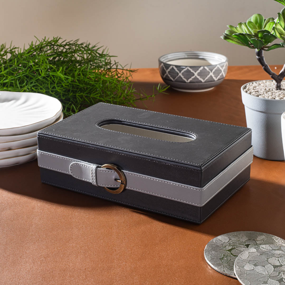Deep Grey Buckle Design Leather Tissue Box (24x14x8)CM