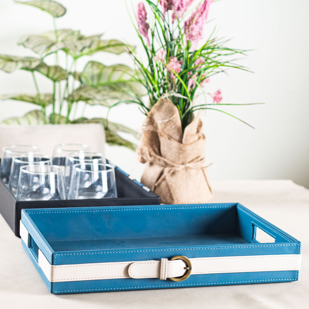 Blue-White Premium Buckle Design Leather Tray