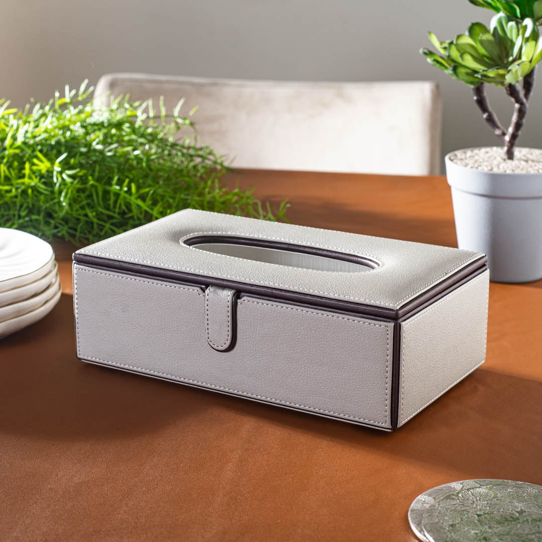 Lite Grey Vegan Leather Tissue Box Holder – 24 × 14 × 8 cm