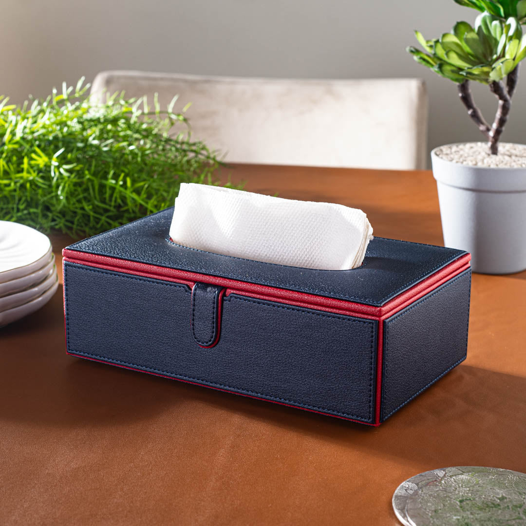 Navy Blue Vegan Leather Tissue Box Holder – 24 × 14 × 8 cm
