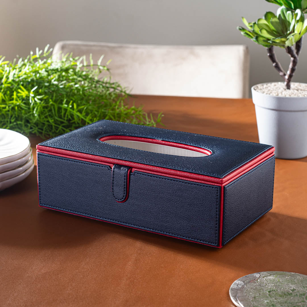 Navy Blue Vegan Leather Tissue Box Holder – 24 × 14 × 8 cm